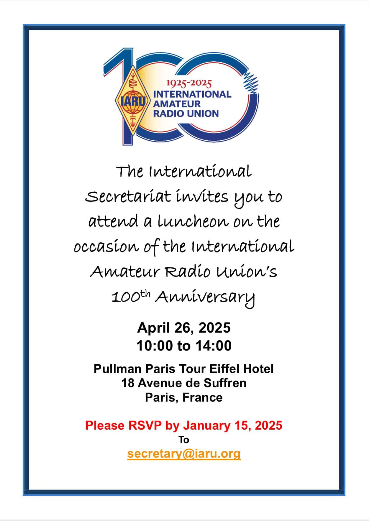 Invitation To The IARU 100th Anniversary Celebration Luncheon.